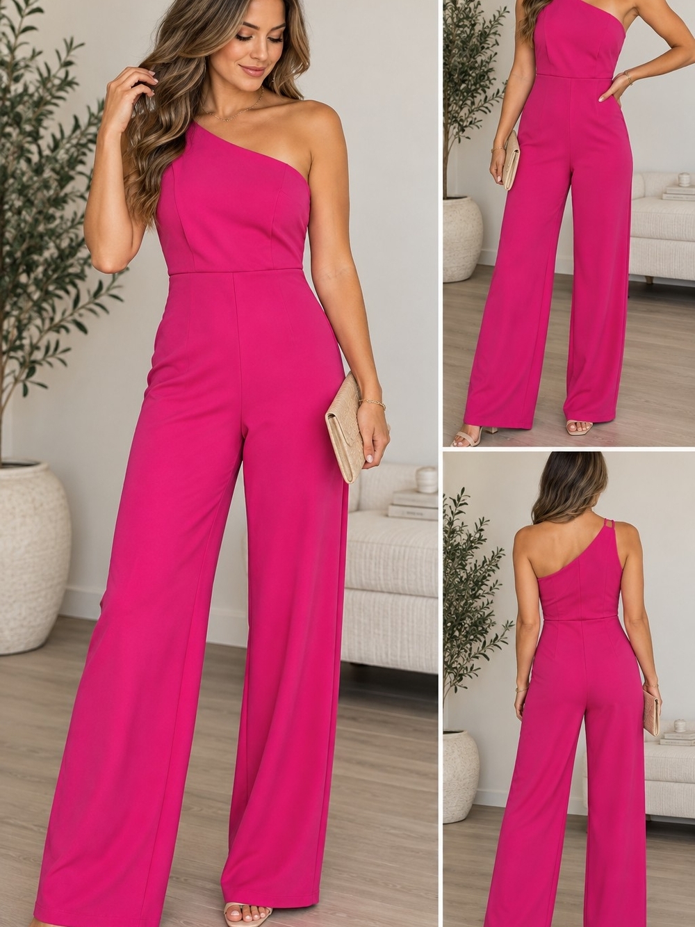One-Shoulder Hot Pink Wide-Leg Jumpsuit